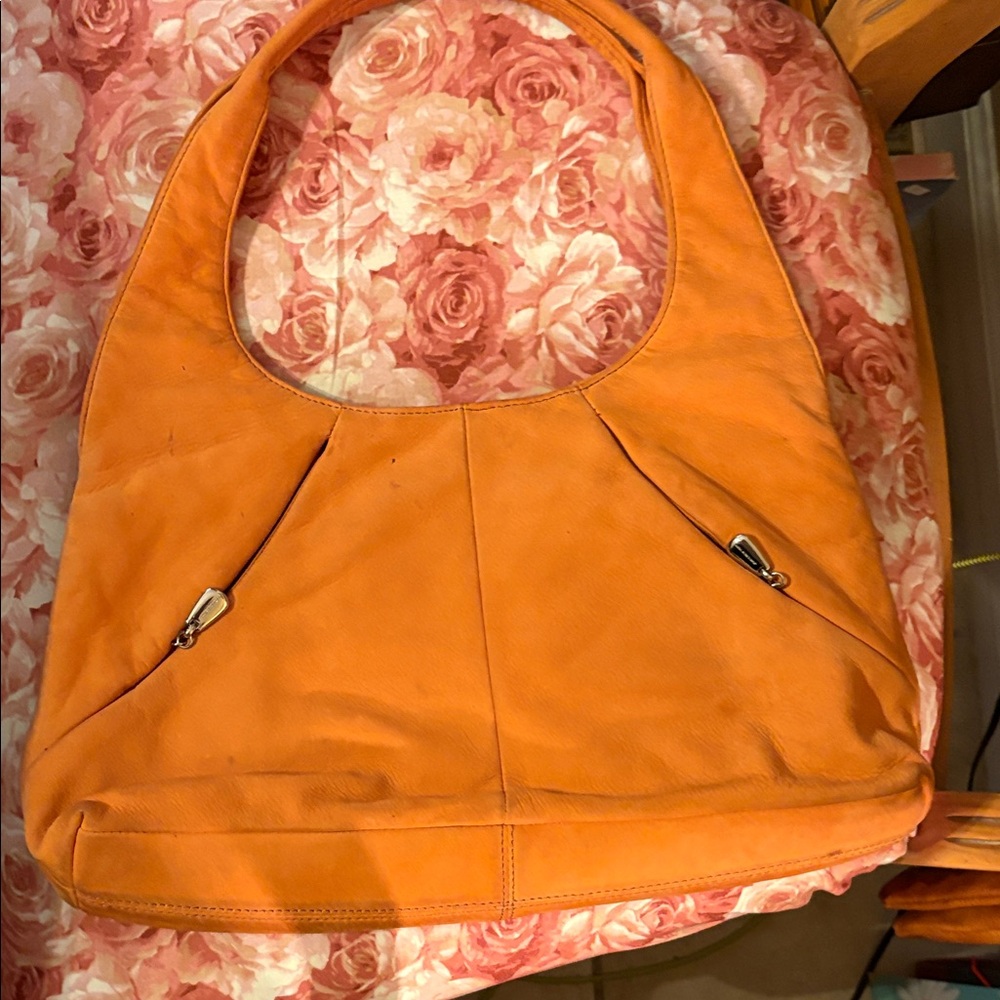 Orange Leather Hobo Bag - Classic Women's Shoulder Tote